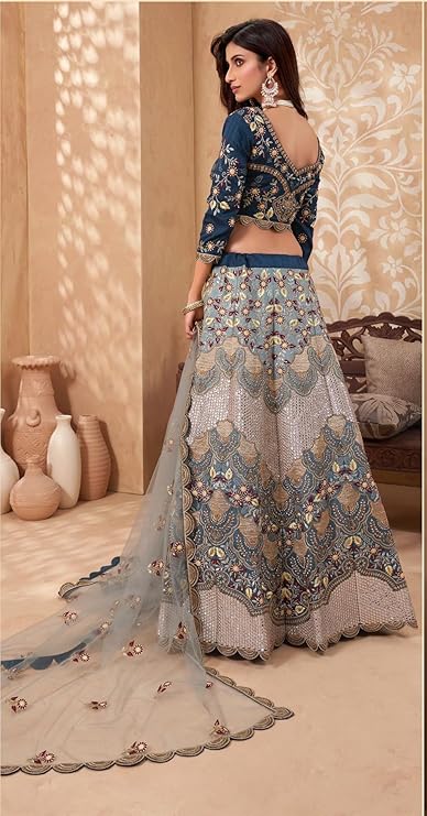 Designer Lehenga Choli with Net Dupatta – Blue & Grey Embroidered Elegance for Weddings and Festive Celebrations