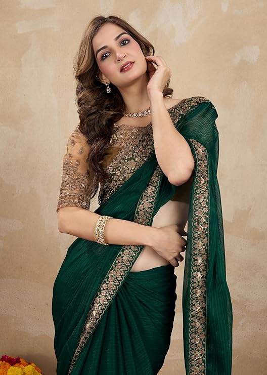 TRENDMALLS Women’s Chiffon Embroidered Sequence Border Saree with Blouse Piece – Timeless Elegance for Every Celebration