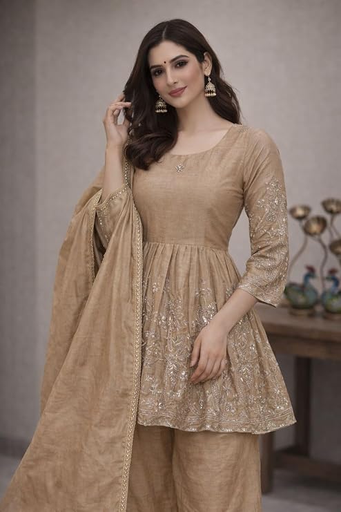 ✨ JIYA’S Collection Chinon Silk Sharara Top with Dupatta – Heavy Embroidery Ethnic Set
