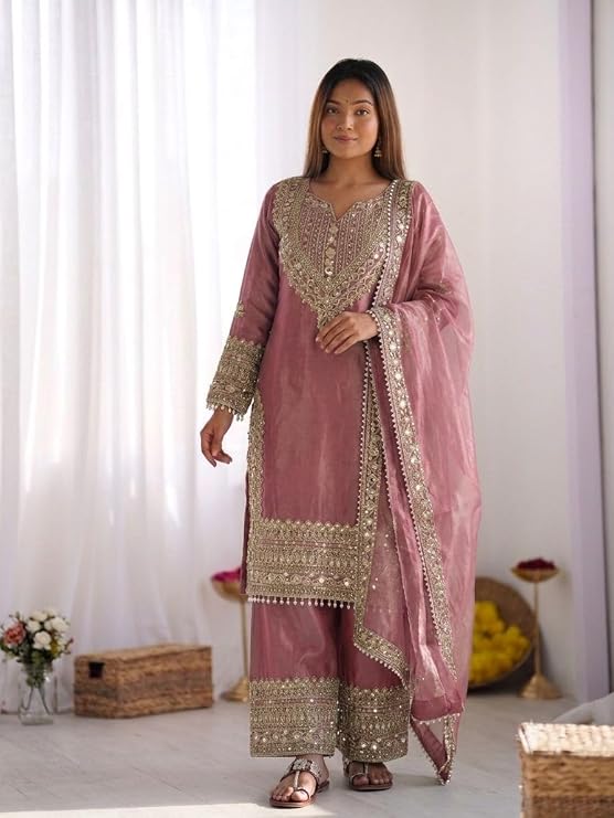 ✨ Women’s Designer Fendy Silk Kurta Sharara Set with Dupatta | Heavy Embroidery & Sequin Work