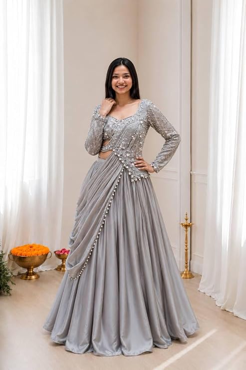 ✨ Light Grey Indo-Western Draped Lehenga Choli – Trending Wedding & Party Wear