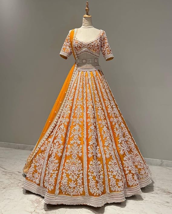 🧡 Royal Orange Embroidered Lehenga Choli for Women – Semi-Stitched Bridal & Wedding Wear