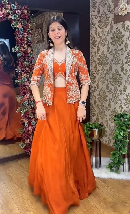 🧡 Orange Indo-Western Lehenga Choli with Embroidered Koti – Wedding & Party Wear