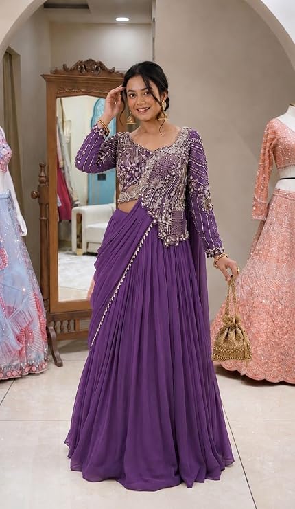 💜 Purple Rangoli Silk Indo-Western Draped Lehenga Choli – A Stunning Ready-to-Wear Party Look