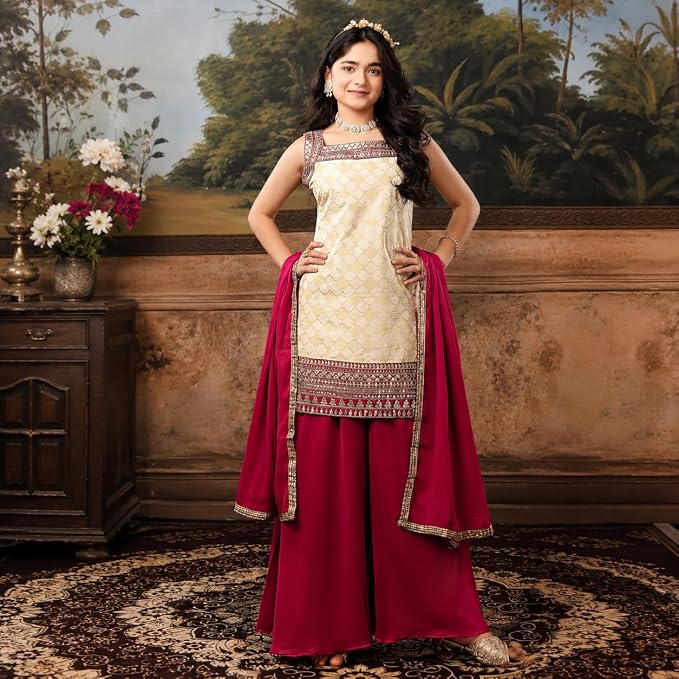 ✨ Women Embroidered Kurta Sharara Set with Dupatta – Cream & Pink Festive Ethnic Outfit